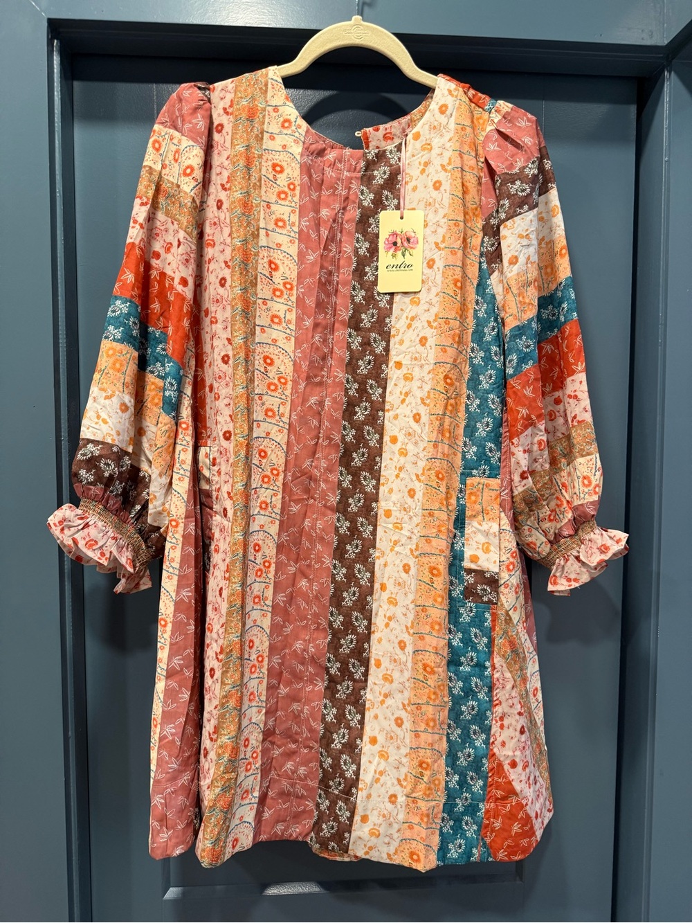 Entro Patchwork Long Sleeve Tunic Dress in Rust, Teal & Cream